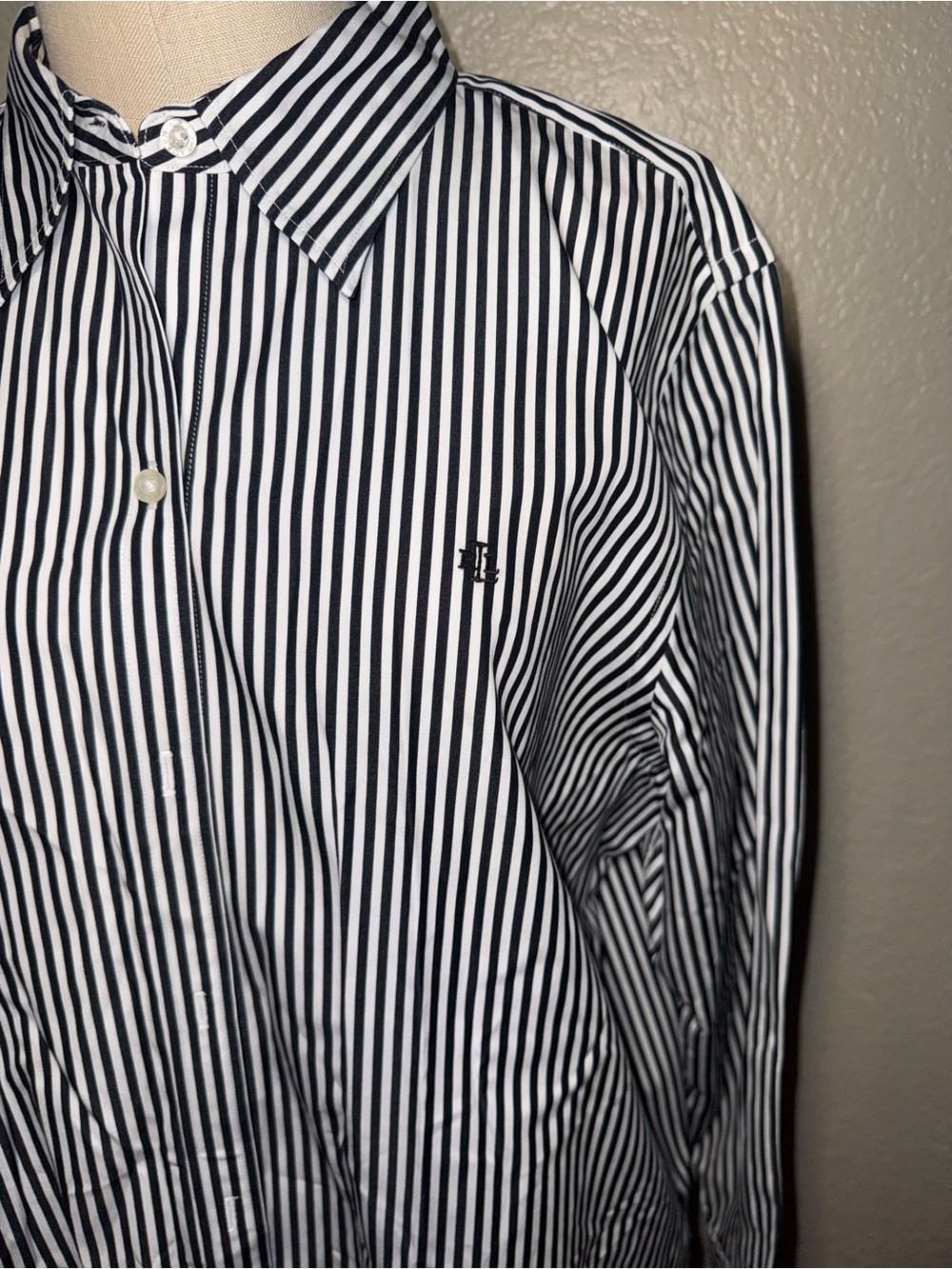 Lauren Ralph Lauren XL Black White Striped Button Up Shirt 100% Cotton - Picture 3 of 7